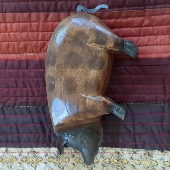 Folk art metal and wood carved pig figurine, 8" x 3.5" ish. - Picture 6 of 10